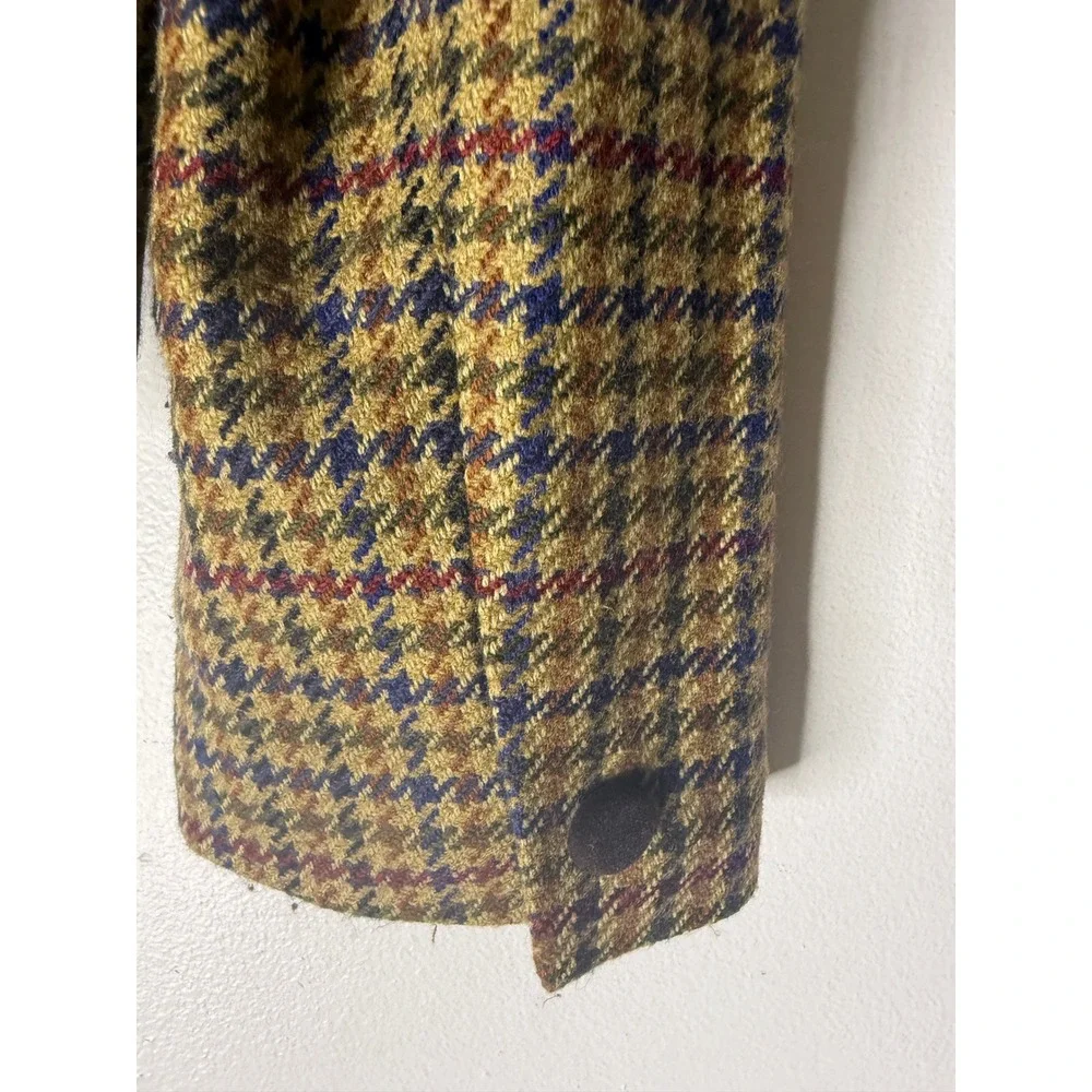 Vintage Houndstooth Wool Blazer Velvet Collar Plaid Equestrian Jacket Mustard 12